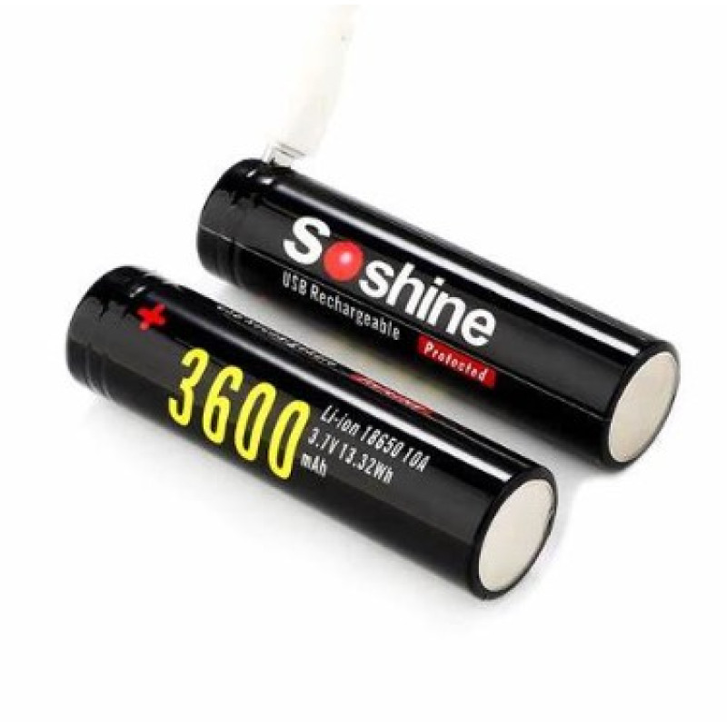 Акумулятор із захистом та вбудованим micro-USB портом для заряджання 18650 Soshine USB, високою ємністю 3600 mAh, 3.7В