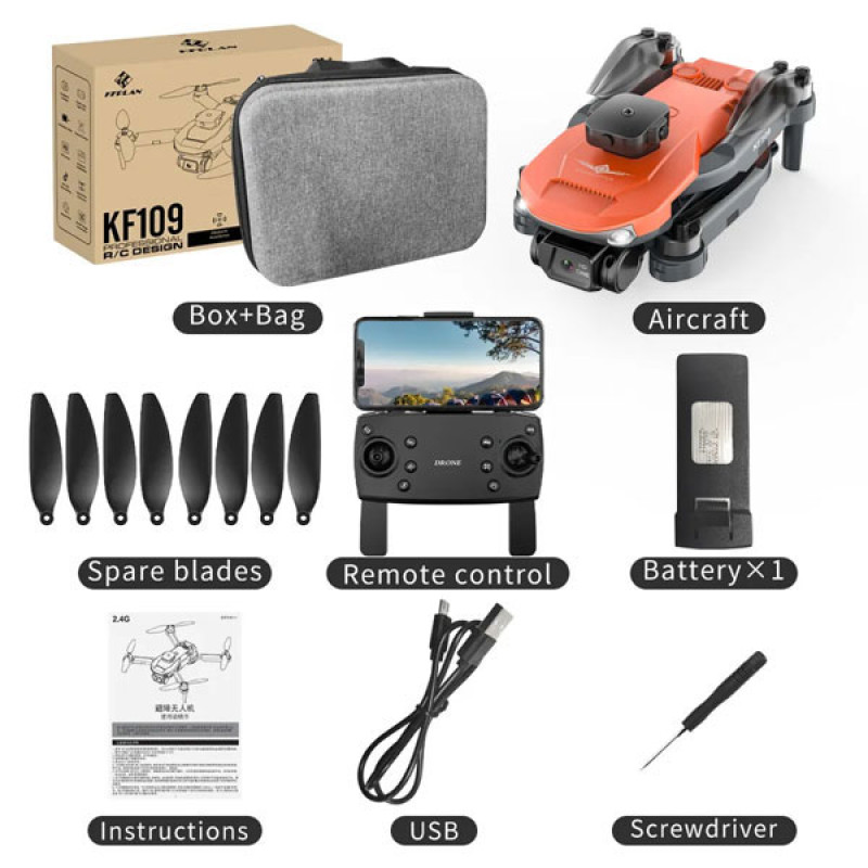 Квадрокоптер KF109 з GPS, датчик перешкод, камера 4K і HD, БК мотори, час польоту до 15 хв, радіус дії до 100 м + кейс orange