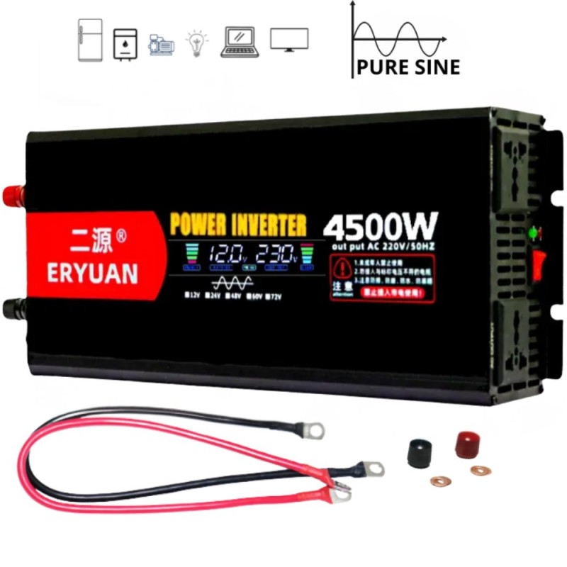Інвертор 12 220 4500Вт Чистий Синус перетворювач напруги 12V 220V для дому інвектор 4500W 2 розетки