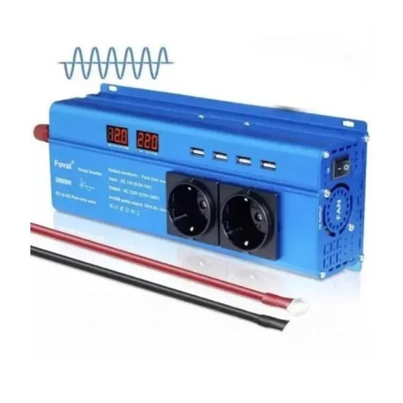 Інвертор 12V-220 "FOVAL 3000W", перетворювач напруги 12V-220V (Чиста Синусоїда, 3000Вт) для побутової техніки