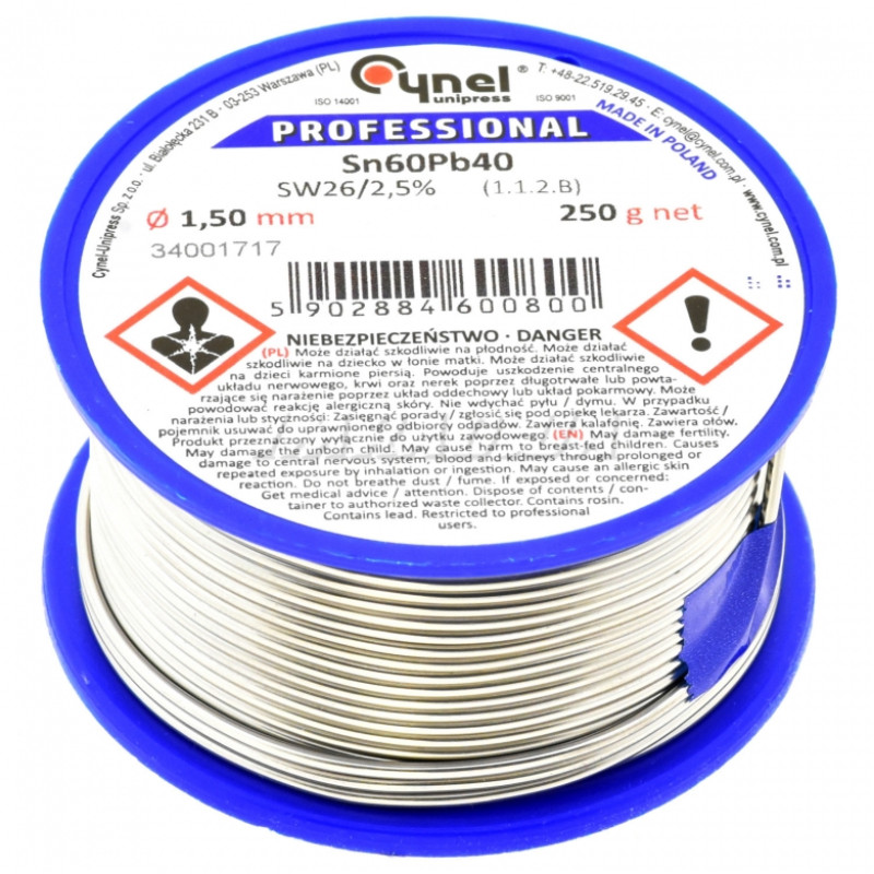 Припой LC60-1.50/0.25 (Sn60Pb40-SW26) (оловянно-свинцовый сплав, solder wire) для ручной и монтажной пайки электроники