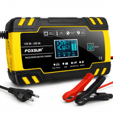 Автоматическое зарядное устройство для аккумулятора авто Foxsur 12V 8А, 24V 4А, с режимом восстановления, жёлтый