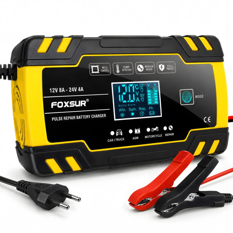 Автоматичний зарядний пристрій для акумулятора авто Foxsur 12V 8А, 24V 4А, з режимом відновлення, жовтий