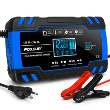 Автоматичний зарядний пристрій для акумулятора авто Foxsur 12V 8А, 24V 4А, з режимом відновлення, синій